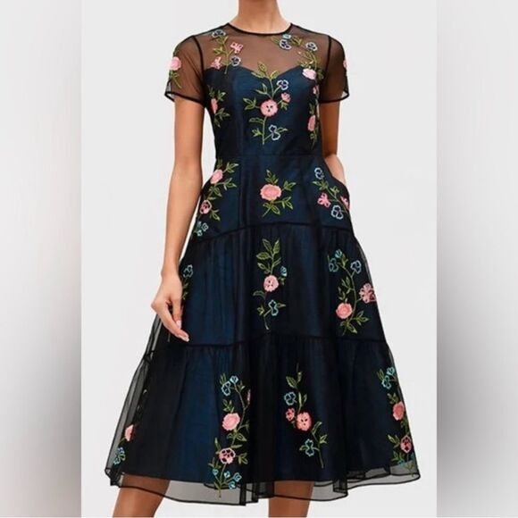 eShakti Floral Embroidery Illusion Tulle and Dupioni Dress Size XL estimated - Picture 1 of 12